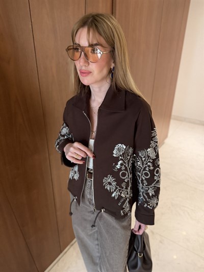 Pul & Taş İşlemeli , Acıkahve , Premium Gabardin Ceket