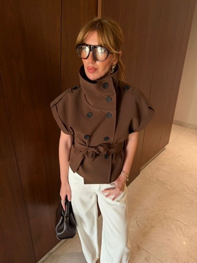 Kısa Kollu , Dik Yaka , Acıkahve Trençkot