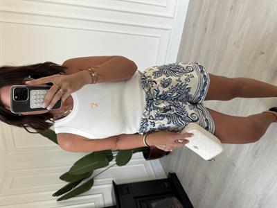 Orijinal Model , Beli Lastikli , Mavi Desenli , Tiril Saten Şort