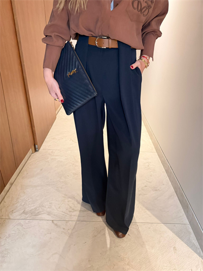 Kemerli , Double Krep , Tiril Kumaş , Lacivert Palazzo