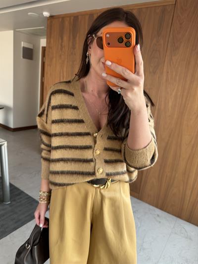 Kahverengi Çizgili , Gold Düğmeli , Camel Triko Hırka