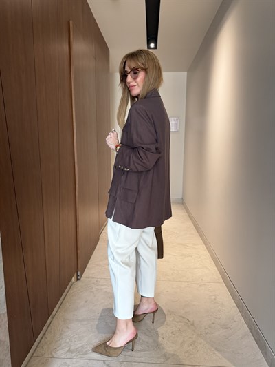 %100 Keten , Acıkahve Blazer Ceket