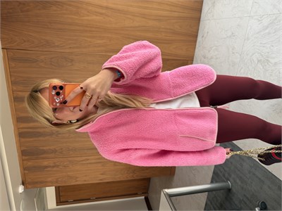 Önden Fermuarlı Dik Yaka Pembe Teddy Mont