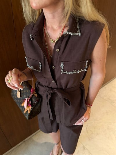Orijinal Model , Taş İşlemeli , Yelek & Şehir Boy , Premium Acıkahve Şort Takım