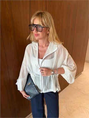 Beyaz, Taşlı Belden Büzgülü Premium Tencel Ceket
