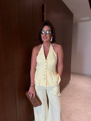 Boyundan Bağlamalı , Premium , Sarı , Pamuk Keten Takım