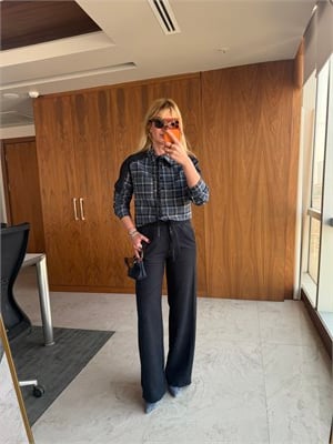 Orijinal Model, Lacivert Ekoseli, Taş Detaylı Premium Gömlek & Pantalon Takım