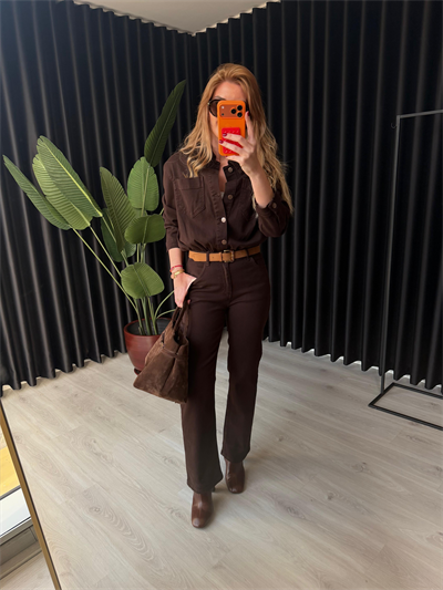 Süet Kemerli, Beli Lastikli, Likralı Acıkahve Premium Tulum