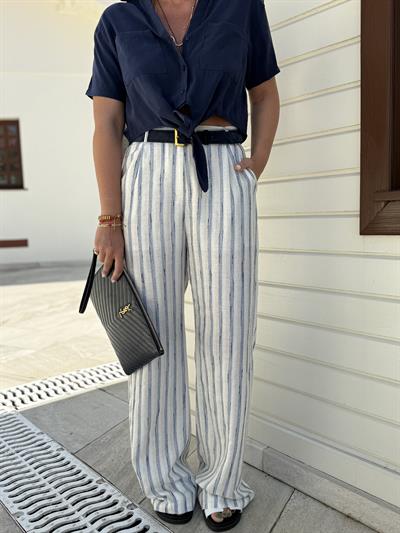 Lacivert Çizgili , Dokulu , Ekru Keten Palazzo Pantolon