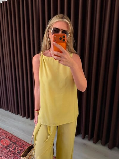 Orijinal Model , Omzu Boncuk Detaylı Bluz & Pantolon , Olive Tencel Takım