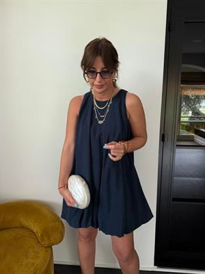 Arkası Kırmızı Bağlamalı, Lacivert Balon Elbise
