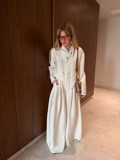 Ekru, Orijinal Model Fular Yakalı Gömlek & Pantalon Premium Tencel Takım