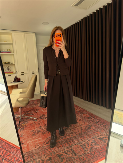 Acıkahve Deri Kemerli Premium Etek