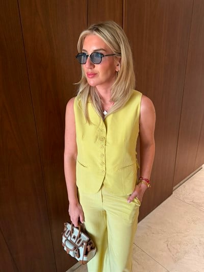 Arkası Güpürlü Yelek & Pantolon , Olive Tencel Takım