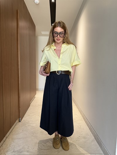 %100 Cotton , Kısa Kollu ,Sarı Poplin Gömlek