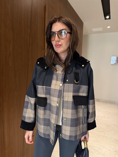 Orijinal Model , Kadife Detaylı , Lacivert Ekoseli , Tasarım Trençkot