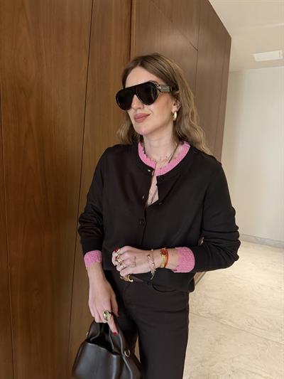 Dantel Detaylı , Acıkahve & Pembe Triko Hırka