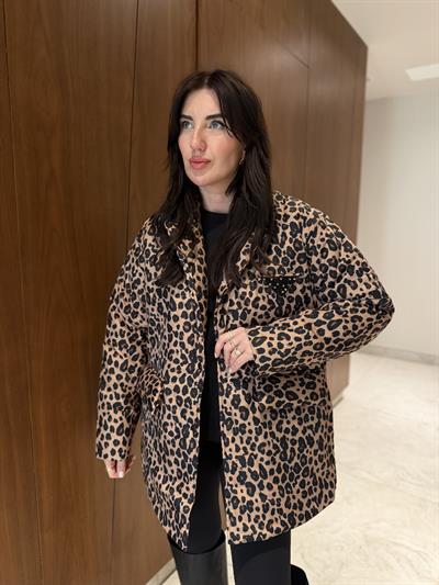 Orijinal Model , Taş İşleme Aksesuarlı , Kemerli , Şişme Leopar Mont