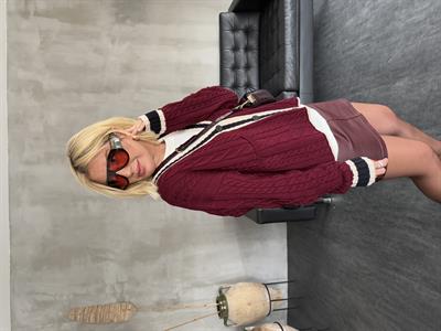Premium Kalite , V Yaka , Bordo & Ekru , Triko Hırka