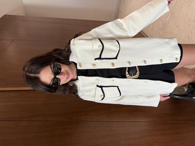 Gold Düğmeli , Çıkarılabilir Yakalı , Ekru , Kaşe Triko Ceket