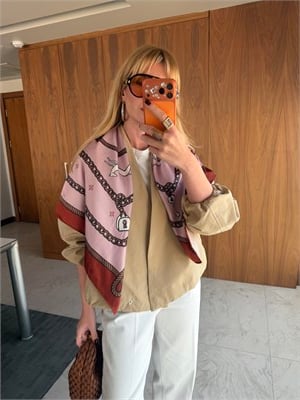 Saten Fularlı, Bej Premium Bomber Trenç