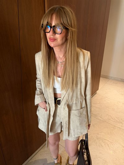 Belden Büzgülü , Ceket & Şort , Özel Dokulu , Bej Takım