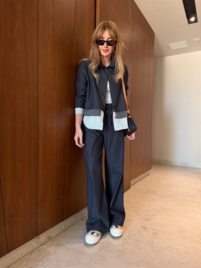 Orijinal Model , Poplin Garnili , Lacivert , Likralı Jean Takım