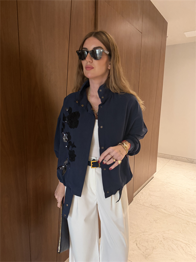 Pul Payet İşlemeli , Lacivert , Premium Tencel , Bomber Ceket