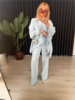 %100 Cotton Önden Düğmeli Gömlek, Beli Lastikli Pantalon Takım