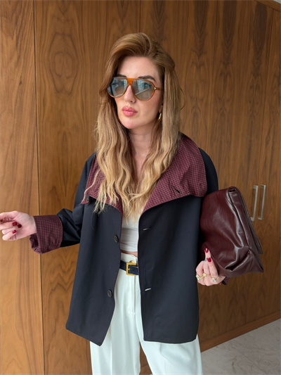 İçi Ekose Astarlı , Çift Taraflı , Lacivert Trençkot