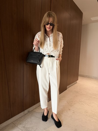 Siyah Deri Kemerli , Beyaz , Fileto Pantolon