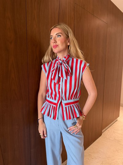 Orijinal Model , Kırmızı & Mavi Çizgili , Fularlı Gömlek