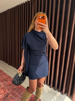 Orijinal Model , Asimetrik , Kısa Kollu , Lacivert Pelerin Elbise