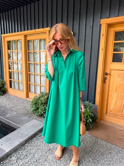 Polo Yaka , Yeşil Poplin Elbise