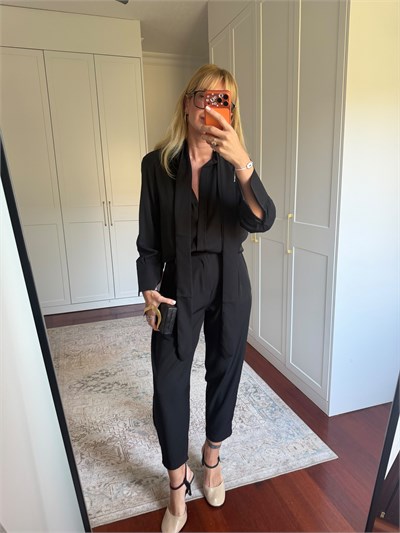 Siyah , Tencel Crep , Fularlı Gömlek & Pantolon , Premium Takım