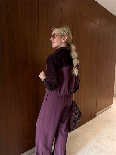 Orijinal Model , Deri Yakalı , Kadife Detaylı , Mürdüm Tencel Takım