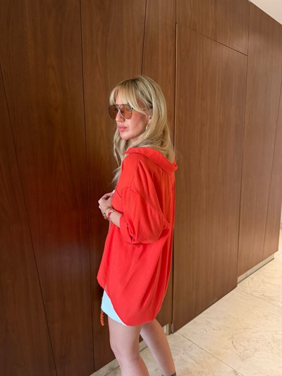 Kırmızı  , Tencel , Oversize Gömlek