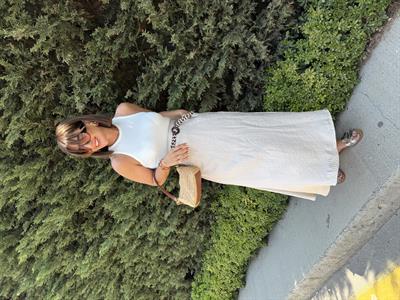 Hasır Kemerli , İçi Astarlı , Premium Bej & Beyaz Mix Elbise
