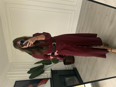 Premium Tok Tencel, Kemerli Bordo Gömlek Elbise