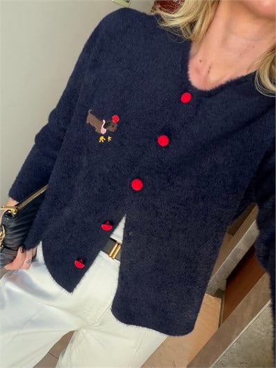 Kırmızı Süet Düğmeli , Köpek Nakışlı , Premium , Lacivert Angora Hırka