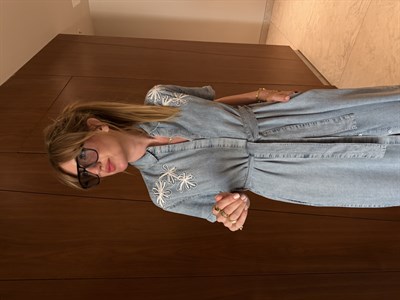Çiçek Nakışlı , Tencel Jean , Gömlek Elbise