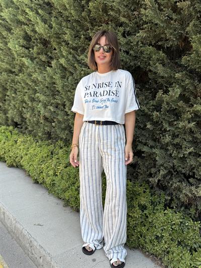 Lacivert Çizgili , Dokulu , Ekru Keten Palazzo Pantolon