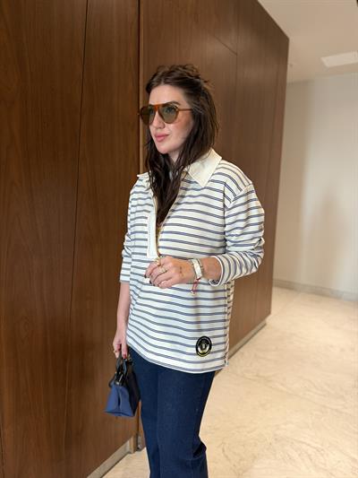 Yarım Fermuarlı , Lacivert Çizgili , Polo Yaka Sweatshirt