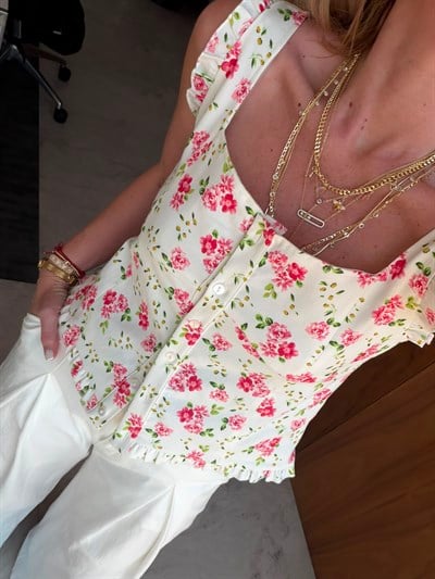 Halter Yaka , Çiçekli Ekru Bluz