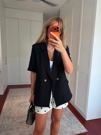 Tencel Dokuda , Kısa Kollu , Premium Siyah Blazer Ceket