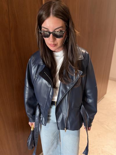 Kuşaklı , Lacivert , Premium Deri Ceket