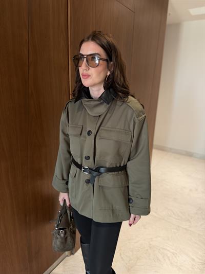 Orijinal Model , Deri Yakalı , Kemerli , Haki Trençkot