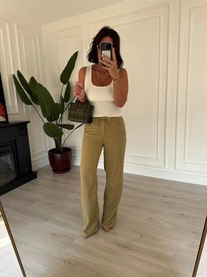 Arkası Lastikli , Kuşaklı , Premium , Haki , Tencel Gabardin Palazzo