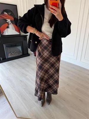 Beli Gizli Lastikli Siyah & Bej Ekoseli Tok Saten Etek