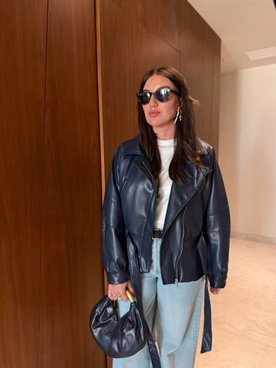 Kuşaklı , Lacivert , Premium Deri Ceket